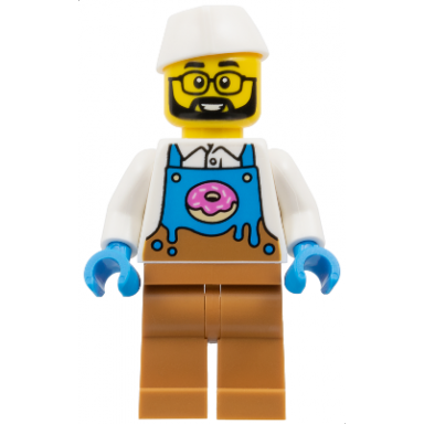 donut truck vendor - male dark azure and medium nougat apron with donut over white shirt medium nougat legs white butcher food service cap glasses beard