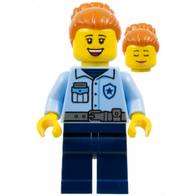 donut truck customer police - city officer female bright light blue uniform with dark bluish gray belt dark blue legs dark orange hair with bun freckles