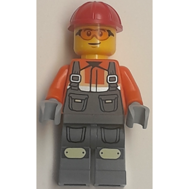 construction worker - male dark bluish gray overalls over reddish orange safety jacket with reflective stripes dark bluish gray legs with knee pads red construction helmet safety glasses