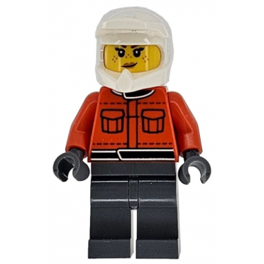 formula 1 pit crew member - female reddish orange racing suit with pockets dark bluish gray legs white dirt bike helmet freckles