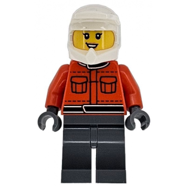 formula 1 pit crew member - female reddish orange racing suit with pockets dark bluish gray legs white dirt bike helmet