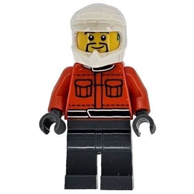 formula 1 pit crew member - male reddish orange racing suit with pockets dark bluish gray legs white dirt bike helmet goatee hearing aid