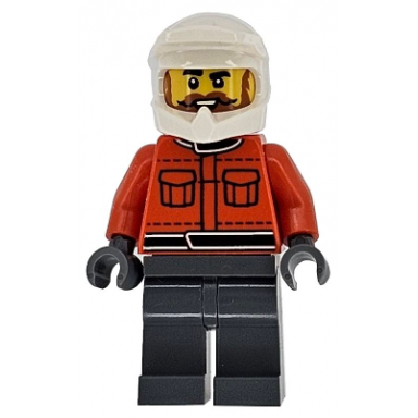 formula 1 pit crew member - male reddish orange racing suit with pockets dark bluish gray legs white dirt bike helmet beard and moustache