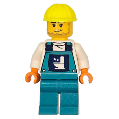 toilet soapbox race car driver plumber - male dark turquoise overalls with toilet logo dark turquoise legs neon yellow construction helmet stubble
