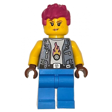 soapbox race car mechanic - female sand blue vest dark azure legs magenta messy hair freckles