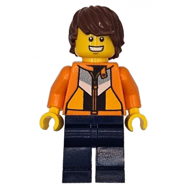 soapbox race reporter - male orange jacket with panels and zipper dark blue legs reddish brown tousled hair