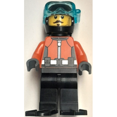 diver - male reddish orange wetsuit black legs helmet air tanks and flippers trans-light blue visor