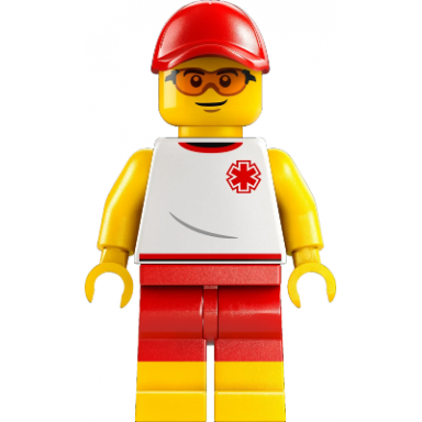 beach lifeguard - male white shirt with emt star of life red shorts and cap