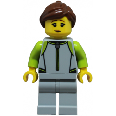 surfer - female light bluish gray and lime wetsuit light bluish gray legs reddish brown hair with ponytail