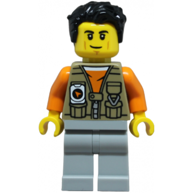 adventurer - male dark tan vest over orange shirt light bluish gray legs black hair