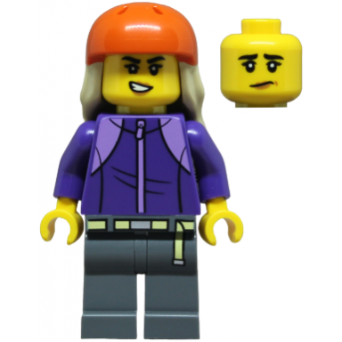 skateboarder - female dark purple tracksuit dark bluish gray legs reddish orange sports helmet tan long hair