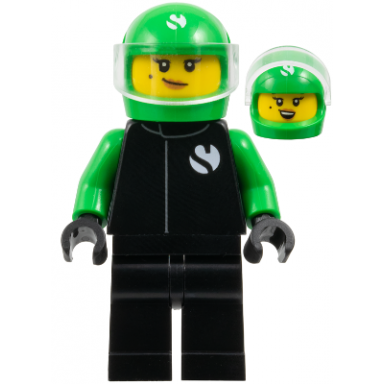 formula 1 driver sauber - female black and bright green racing suit bright green helmet trans-clear visor beauty mark