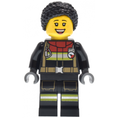 fire - female black jacket and legs with reflective stripes and red collar black hair braided with knot bun freckles