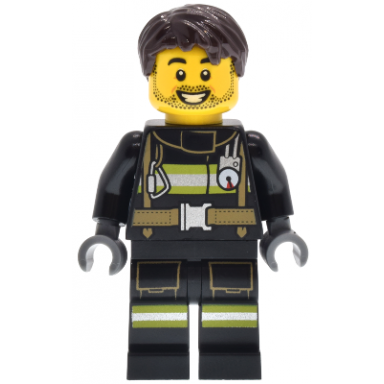 fire - male black jacket and legs with reflective stripes dark brown hair stubble