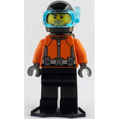helmsman - male reddish orange wetsuit black legs helmet air tanks and flippers trans-light blue visor dark tan stubble