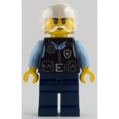 police - city officer male black safety vest with silver star badge logo dark blue legs white helmet trans-clear visor lopsided grin