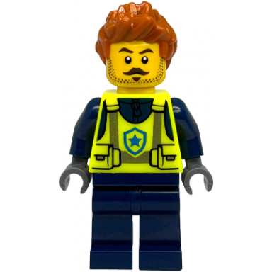 police - city officer male neon yellow safety vest dark blue legs dark orange spiked hair