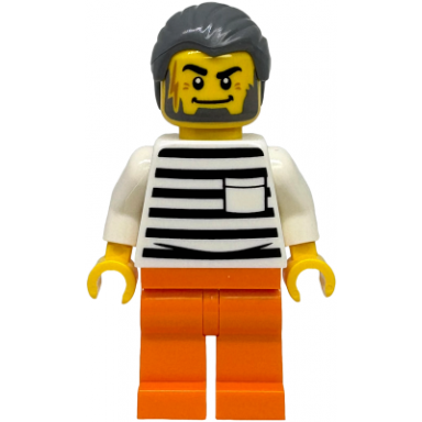 police - city jail prisoner male white shirt with pocket and black stripes orange legs dark bluish gray hair