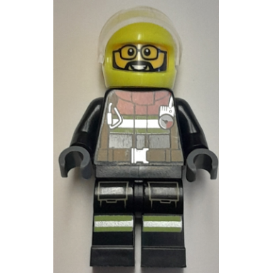 fire - male black jacket and legs with reflective stripes and red collar neon yellow helmet trans-clear visor