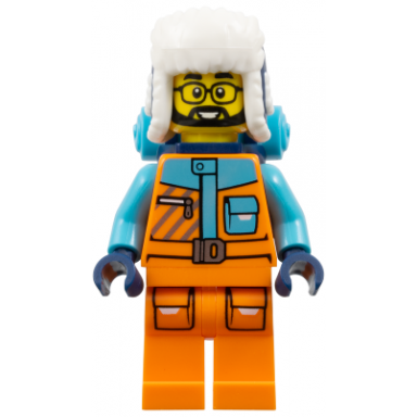 arctic explorer - male orange and medium azure jacket dark blue ushanka hat black beard glasses back pack