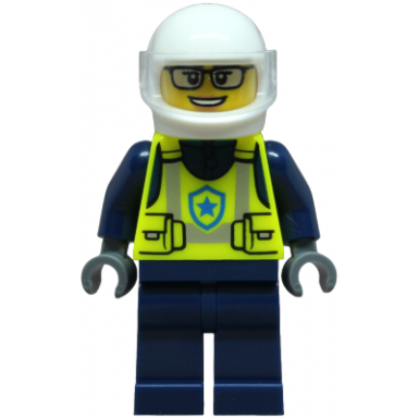 police - city officer female neon yellow safety vest dark blue legs white helmet trans-clear visor