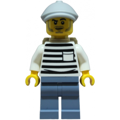 police - city jail prisoner male white shirt with pocket and black stripes sand blue legs light bluish gray flat cap dark tan backpack