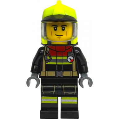 fire - male black jacket and legs with reflective stripes and red collar neon yellow fire helmet trans-clear visor