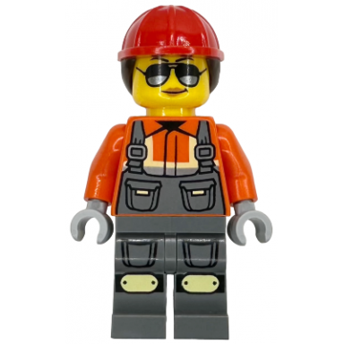 construction worker - female dark bluish gray overalls over reddish orange safety jacket with reflective stripes dark bluish gray legs with knee pads red construction helmet with dark brown ponytail hair sunglasses