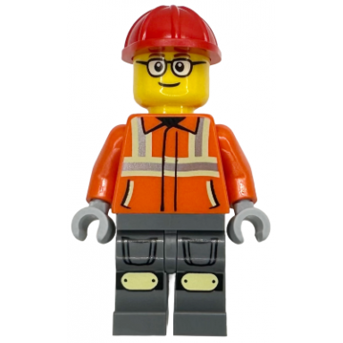 construction worker - male reddish orange safety jacket with reflective stripes dark bluish gray legs with knee pads red construction helmet