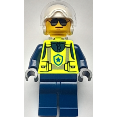 police - city officer male neon yellow safety vest dark blue legs white flight helmet trans-clear visor neck bracket