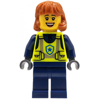 police - city officer female neon yellow safety vest dark blue legs dark orange mid length hair