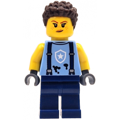 police mechanic - female bright light blue shirt with suspenders black splotches and white star badge logo dark blue legs dark brown coiled hair