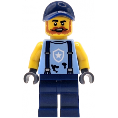 police mechanic - male bright light blue shirt with suspenders black splotches and white star badge logo dark blue legs and cap dark orange beard