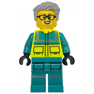 paramedic - male dark turquoise and neon yellow safety vest legs with silver reflective stripes glasses light bluish gray hair