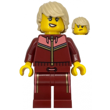 skier - female dark red and coral jogging suit tan hair