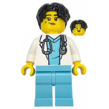 doctor - female white lab coat with stethoscope medium azure scrubs black hair