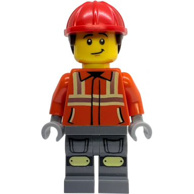 construction worker - male reddish orange safety jacket with reflective stripes dark bluish gray legs with knee pads red construction helmet with dark brown short curly hair