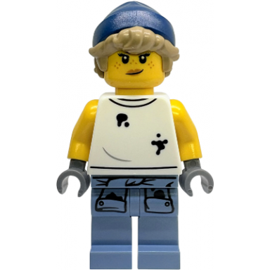 tow truck operator - female white sleeveless shirt with oil stains sand blue legs with shirt sleeves with oil stains dark blue beanie dark tan hair