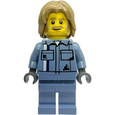 tow truck driver - male sand blue mechanic uniform sand blue legs dark tan mid-length tousled hair