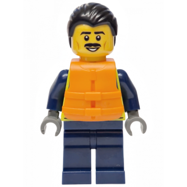 police - city officer male neon yellow safety vest dark blue legs black combed back hair orange life jacket moustache