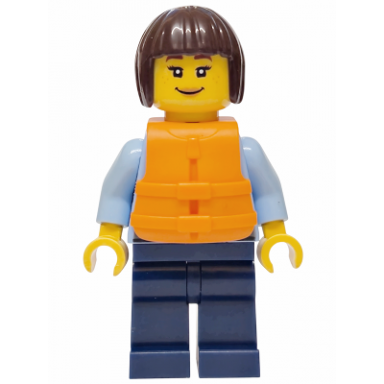 police - city officer female bright light blue uniform with dark bluish gray belt dark blue legs dark brown bob cut hair orange life jacket