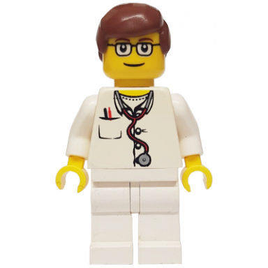 doctor - lab coat stethoscope and thermometer white legs reddish brown male hair glasses