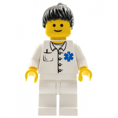 doctor - emt star of life button shirt white legs black ponytail hair