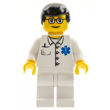 doctor - emt star of life button shirt white legs black male hair glasses