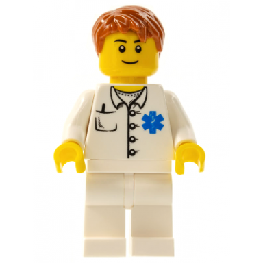 doctor - emt star of life button shirt white legs dark orange short tousled hair black eyebrows