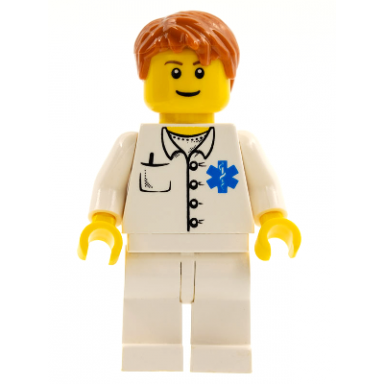 doctor - emt star of life button shirt white legs dark orange short tousled hair reddish brown eyebrows