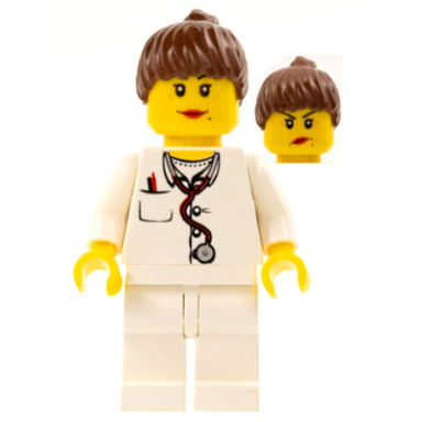 doctor - lab coat stethoscope and thermometer white legs reddish brown female ponytail hair dual sided head