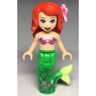 ariel mermaid light nougat - metallic pink shell bra top bright green tail with stars and scales medium blue eyes bright pink flower