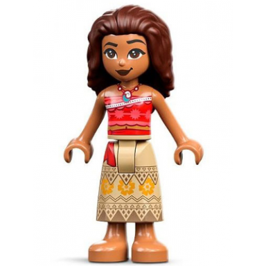 moana medium nougat - mini doll coral and red strapless top tan long skirt with bright light orange flowers dark brown hair