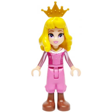 aurora - dark pink top metallic pink sleeves gold necklace dark pink cropped trousers reddish brown boots yellow hair crown tiara
